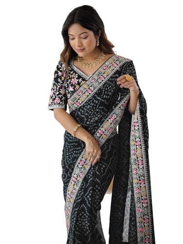 Image of Satrani Women's Georgette Bandhani Printed Sequin Embroidery Saree with Unstitched Blouse Piece