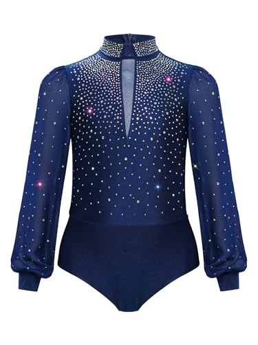 Oyolan Garçon Justaucorps Danse Ballet Manches Longues Strass Tenue Patinage Artistique Leotard Gymnastique Compétition Bleu marine 13-14 ans