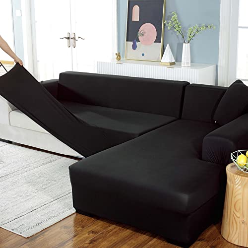 Yidaxing Housse de Canapé avec Péninsule Extensible, Housse de Canapé d'angle Chaise Longue Housse de Canapé Sectionnelle en Tissu Polyester en Forme de L (3 Places + 3 Places, Noir) Cover