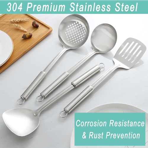 Pleafind 4-Pcs Cooking Utensils Set, Stainless Steel Kitchen Utensils, Wok Utensils Set Include Wok Ladle, Slotted Spoon, Wok Spatula and Slotted Spatula, Dishwasher Safe - Thumbnail 6