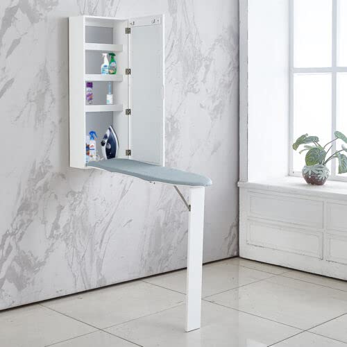 Vivo Technologies Wall Mounted Fold Out Wood Ironing Board Cabinet,Maximum Space Reduction Smart Hideaway Cabinet Ironing Hidden Wardrobe with Shelves and Hooks,For Home, Apartment White