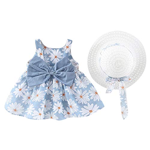 Toddler Sleeveless Dress with Bow Baby Kids Girls Floral Flowers Princess Dress Hat Outfits Clothes Light Blue