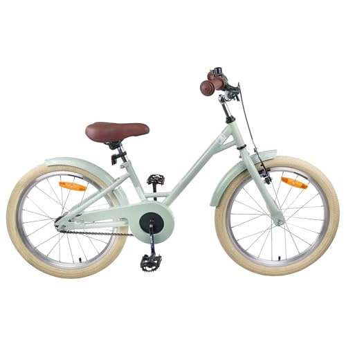 Runheo Bicicleta infantil de 18 pulgadas, color verde claro, para niños de 5 a 7 años, marco de acero, con timbre y guardabarros, peso ligero de 10,2 kg, freno de contrapedal y freno lineal