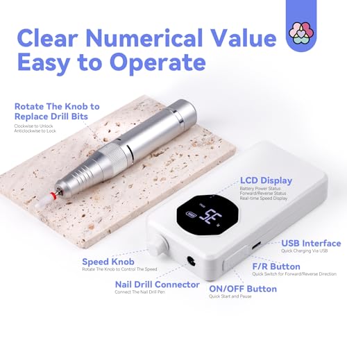 SAVILAND Electric Nail Drill Professional - 35000 RPM Rechargeable Acrylic Nail Drill with Drill Bits Sanding Bands for Nail Art Removal Nail Care for Nails Manicure and Pedicure Kit Salon Use