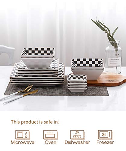 Porlien Checker 16-Piece Square Dinnerware Set For 4 With Side Dishes Black/White #TOP6