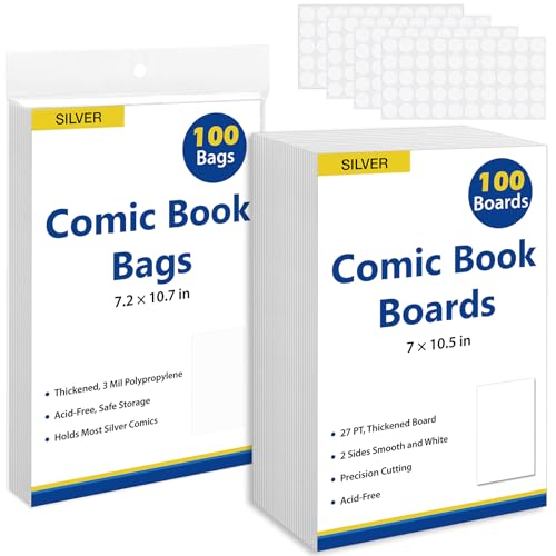 SUNEZLGO Silver Age Comic Book Bags And Boards 100 Comic Book Sleeves And 100 Comic Book Boards, Acid-Free Clear Comic Book Storage,Comic Book Backing Boards 27 pt,Thick and Coated Comic Backing Board