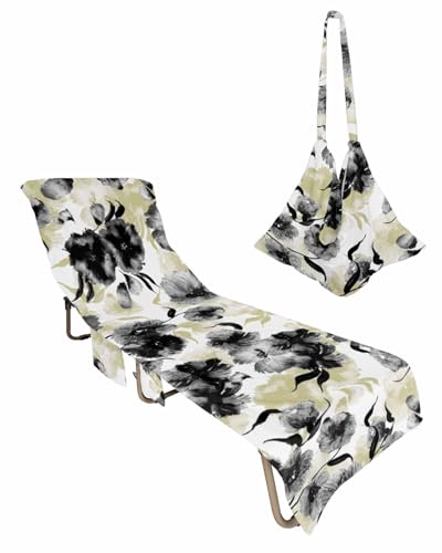 Yellow Botanical Beach Lounge Chair Towel Cover, Soft Chaise Lounge Towel with Side Pockets Patio Pool Chairs Cover for Beach/Pool Sunbathing 29x85 Watercolor Black Spring Summer Floral Elegant
