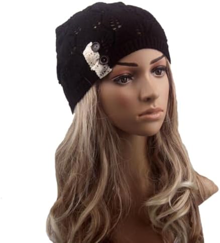 Women Black Woolen Yarn Knitting Hat with Lace Button Leaves Hollow image 4