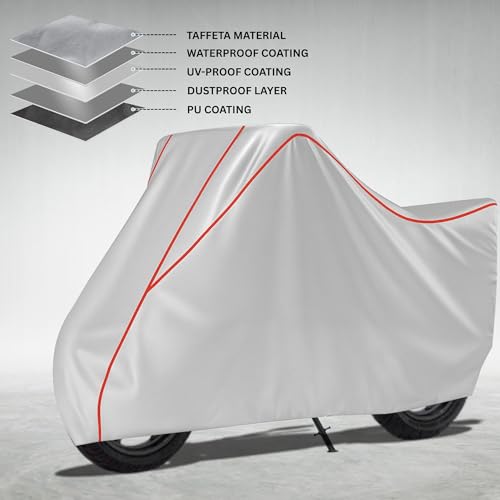 Image of Taffeta Bike Cover Premium Waterproof, Dustproof & UV Protected Two-Wheeler Body Shield | Heavy-Duty, All-Weather Protection | Universal Fit for Motorcycles & Scooters (Silver Red Pipe)
