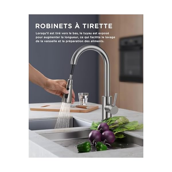 Robinet Cuisine, Mitigeur Cuisine, Pivotant à 360° d'Évier à Arc Élevé Pulvérisateur Escamotable 2 Modes, Acier Inoxydable