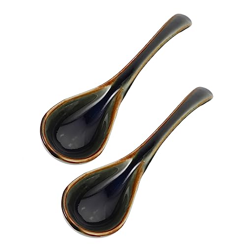 NAMOARLY 2pcs Ceramic Spoon Mini Ravioli Asian Soup Spoon Appetizer Spoon Stew Spoon Asian Rice Spoon Pottery Spoons Japanese Ramen Noodles Miso Soup Spoons Japchae Noodles Basting Ceramics