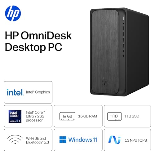 Image of HP OmniDesk Desktop AI PC, Intel Core Ultra 7 265, 16 GB RAM, 1 TB SSD, Intel Graphics, Windows 11 Home, Microsoft Copilot, Gray Wood, M03-0102 (2026)