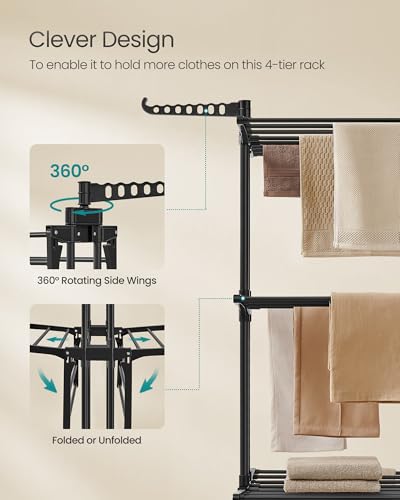 Image of SONGMICS Clothes Drying Rack 4-Tier, Foldable Laundry Rack, Steel | Indoor Outdoor Use, Rolling Clothes Horses Dryer Rack, Ink Black ULLR701B01