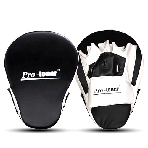 Image of Pro-Toner Boxing Focus Pads, Curved Maya Hide Leather, Hook and Jab Target Hand Pads, Black and White (Black)