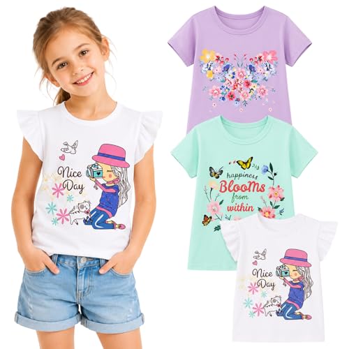 Image of Girls Graphic T Shirts 3 Pack 100% Cotton Short Sleeve Tees for Toddler Little Big Girls Cute Printed Casual Summer Tops