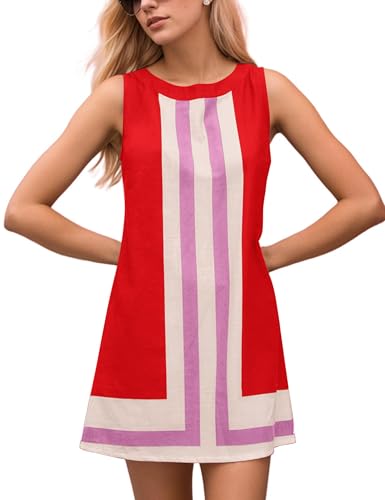 Image of Women Striped Sleeveless Boho Summer Mini Dress Color Block Crew Neck Casual Sundress Cover Up Dress Beach Red