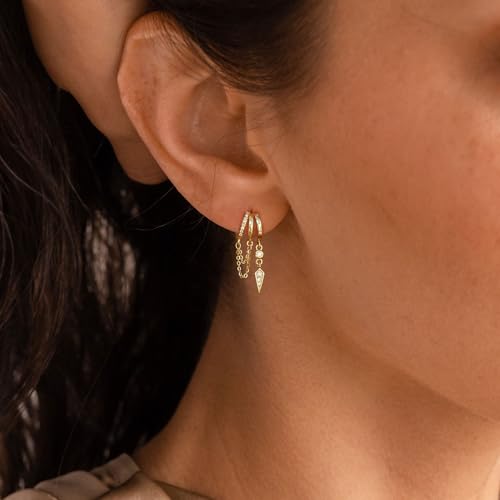 Gold Earrings For Women, Dangle Earrings 14K Gold Plated Huggie Chain Earring For Women Trendy Unique Small Hoop Earring Dainty Long Drop Tarnish Free Gold Jewelry4