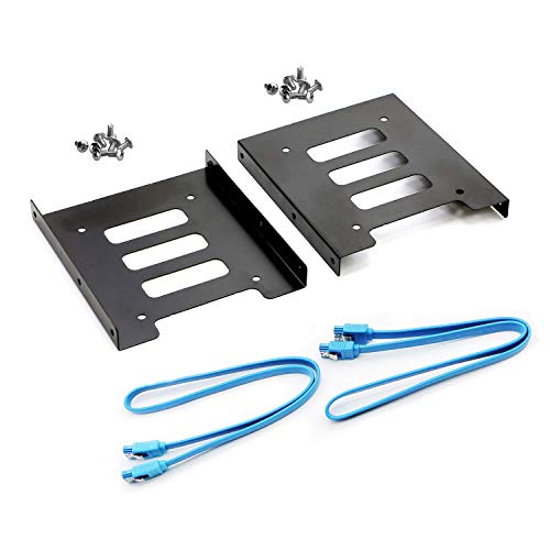 SAISN HDD SSD Mounting Bracket 2.5 to 3.5 Adapter Hard Drive Holder (Single Drive, 2 Pack + Blue SATA III Cables)