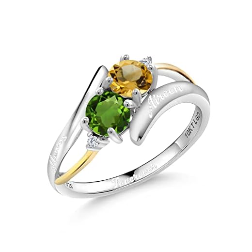 925 Sterling Silver and 10K Yellow Gold Build Your Own Customized and Personalized Engraved 2-Stone Round Birthstones and White Lab Grown Diamond Women Ring (Available In Size 5, 6, 7, 8, 9)