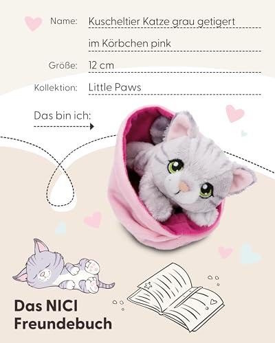 NICI Little Paws Kuscheltier Katze 12cm grau getigert im pinken Körbchen - Flauschiges Stofftier, Plüschtier zum Kuscheln, Spielen und Liebhaben - 61331