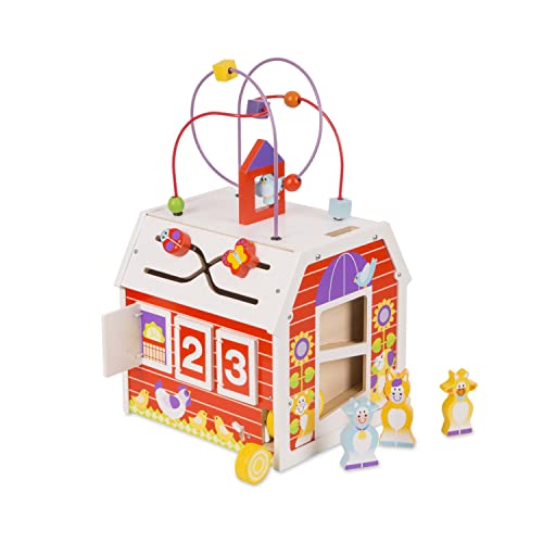 Image of Melissa & Doug First Play Slide, Sort & Roll Wooden Activity Barn with Bead Maze, 6 Wooden Play Pieces (11.75” x 11.75” x 20” Assembled)