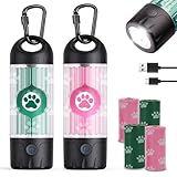 2-Pack Dog Poop Bag Holder with Flashlight 7-Color, USB-C Rechargeable doggie bag holder for leash, IPX6 Waterproof Anti-Slip Clip Pet Waste Bag Dispenser for Walking (60 Bags Included)