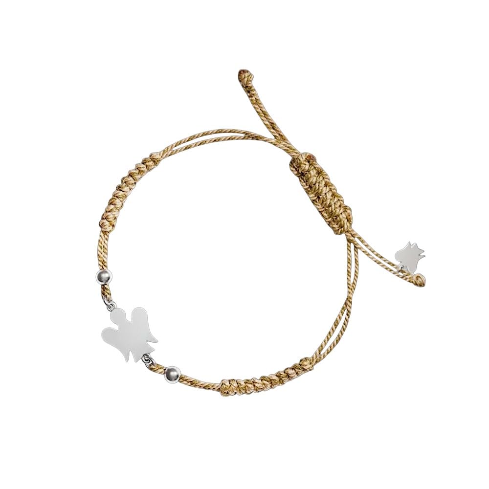 Bracciale con cordino regolabile beige e oro | Angelo e lettera in argento | L'alfabeto degli Angeli | Roberto Giannotti (E)