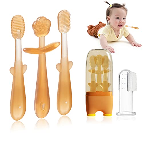 Image of FOKiiBO Baby Silicone Toothbrush Set, Toothbrush + Tongue Brush + Baby Teether + Finger Toothbrush with Cup for Training Teething, 0-18M Infant Toddler Newborn Baby Teeth Brushes (Amber)