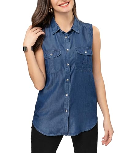 FASHIONSPARK Sleeveless Denim Tops for Women Button Down Denim Shirt Collared Jean Tank Top Blouses