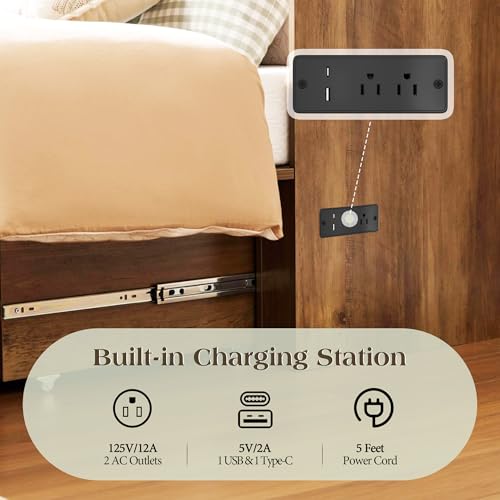 Image of LUXOAK Twin Murphy Bed with Built-in Charging Station and Storage Drawer, Farmhouse Foldable Cabinet Bed for Guest Room, Apartment or Home Office, Barnwood