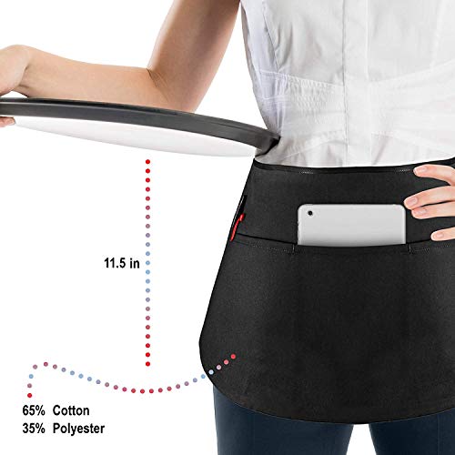 PERLLI Waist Apron with Pockets 3 Pack Half Server Aprons for Men Women, 12 Inch Black Apron 3 Pockets Poly Cotton Apron - Thumbnail 7