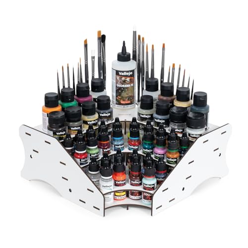 Vallejo - Corner Paint Organizer Rack for Miniatures Holds up to 28 Bottles of 18 ml. (0.6 fl.oz.) 16 of 35 ml. (1.18 fl.oz.) or 60 ml. (2.02 fl.oz.) 1 of 200 ml. (6.76 fl.oz) and 26 Brushes