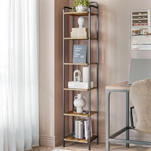 Hzuaneri Bookcase Bookshelf, Narrow Book Shelf, Industrial Corner Shelf Storage Organizer, Slim Shelving Unit for Home Office, Living Room, Bedroom, Kitchen, 6-Tier Rustic Brown and Black BC24601B by Hzuaneri - Used condition - CA$50.49