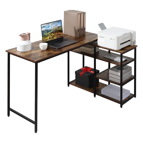 HOMCOM Scrivania Angolare con 3 Ripiani Portaoggetti, Scrivania ad Angolo per Computer in Legno e Acciaio, Stile Industriale per Ufficio, Studio e Soggiorno, 135x90x79 cm Marrone Rustico