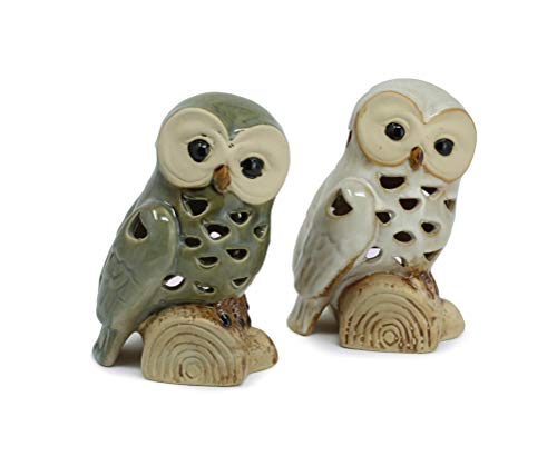 Benera Lot de 2 photophores en forme de chouette en porcelaine d'environ 15 cm de haut assis sur un tronc d'arbre