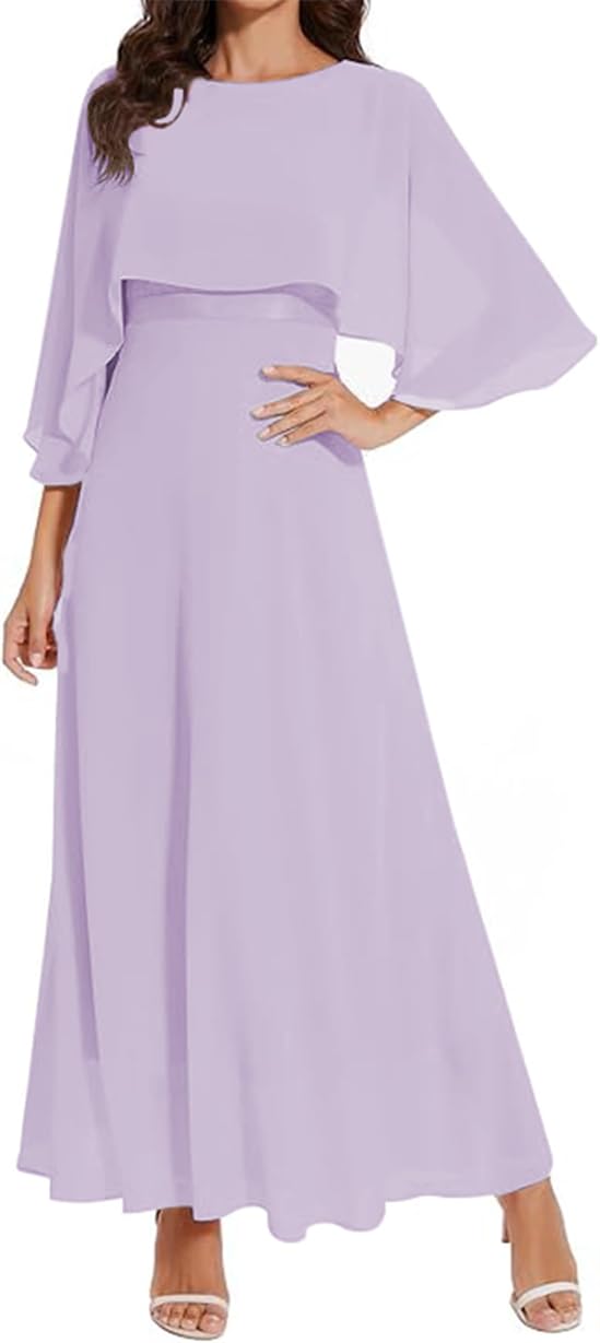 WSEYU Mother of The Bride Dresses Short Sleeve Chiffon Formal Evening Prom Gown for Wedding Guest with Belt Cape ZM123 Lilac UK22