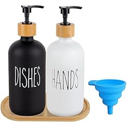 Dispensador De Liquidos De Vidrio Juego de dispensador de jabón de manos y platos de 500 ml, 2 botellas dispensadoras de jabón líquido de vidrio con bomba para baño, fregadero de cocina, 16 onzas (blanco y negro)