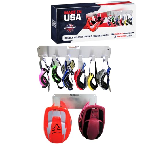 Pit Posse PP3350S Dual Helmet Rack and Goggle Rack 6 Mount Hanger Organizer Holder - Made in USA - Motorcycle MX Offroad Dirt Cabinet Shop Garage Enclosed Race Car Trailer Storage Accessory (Silver)
