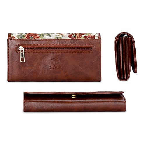 Image of THE CLOWNFISH Sharon Collection Tapestry Fabric & Faux Leather Snap Flap Closure Womens Wallet Clutch Ladies Purse with Multiple Card Holders (Off White-Floral)