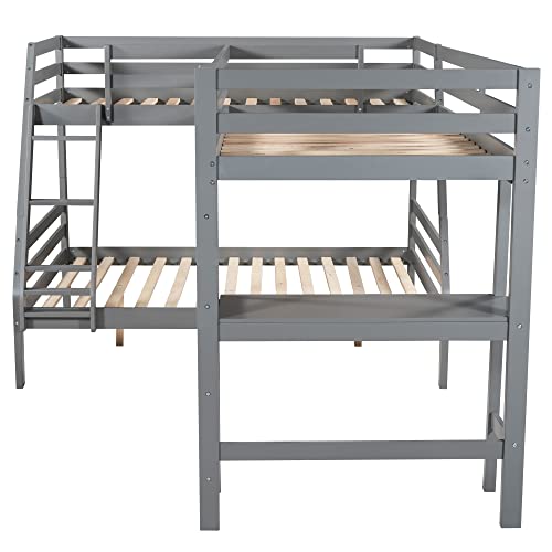 Biadnbz Full Over Twin & Twin Triple Bunk Bed With Built-In Desk And 2 Ladders, Wooden L-Shaped Loftbed Linked With Bunkbed For 3 Kids/Teens/Adults Bedroom, Gray #TOP4