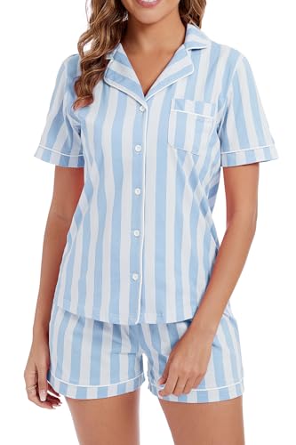 Image of LUBOT 100% Cotton Pajamas for Women 2 Piece PJ Set Button-Down Soft Knit Short Sleeve Summer Sleepwear Loungewear XS-XXL