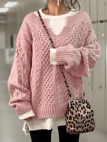 Image of chouyatou Women's Winter Chunky V Neck Long Sleeve Loose Cable Knit Sweater Pullover