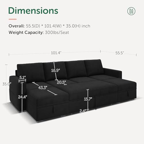 Image of HONBAY Modular Sectional Sleeper Sofa Bed, Velvet Sectional Couch with Pull Out Bed U Shaped Modular Couch with Storage Ottoman for Living Room, Black