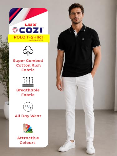 Image of Lux Cozi Men's T-Shirt with Chest Pocket | Polo T-Shirt for Man | Plain Casual Stylish | Half Sleeve| Cotton Blend Collar Polo T-Shirts for Men