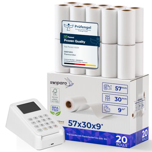 SWIPARO EC Cash Rollen Thermopapier 57mm x 30mm x 12mm - Bonrollen 57x30x12 für EC & Kredit-Kartenlesegeräte - Thermorollen 57mm - Thermal Rolls EC Device - Für Systeme bis 9m Papierbedarf (20 Stk)