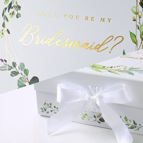 Brigel Bridesmaid Proposal Box Set Of 3, 1 Will You Be My Maid Of Honor And 2 Will You Be My Bridesmaid Proposal Boxes For Bridesmaid Gifts, Leaf-Patterned White Box With Gold Foiled Text, Magnetic Closure, And A White Ribbon #TOP2