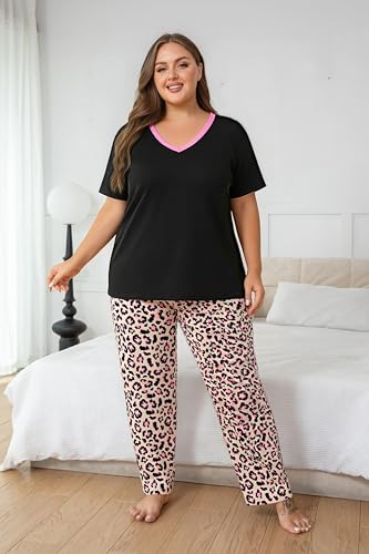Image of Vozanet Women's Pajama Sets Short Sleeve with Long Pant Soft Sleepwear Printed pj Loungewear With TWO Pockets Size 1X to 5X