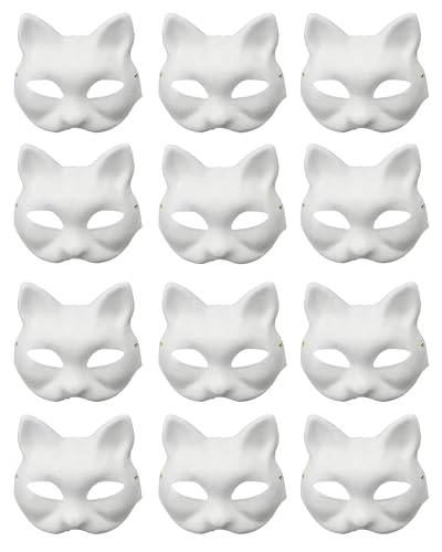 12 Stück DIY bemalbare Blanko-Katzen- und Fuchs-Halbgesichtsmasken handbemalte Masken für Maskerade Karneval Cosplay und Halloween