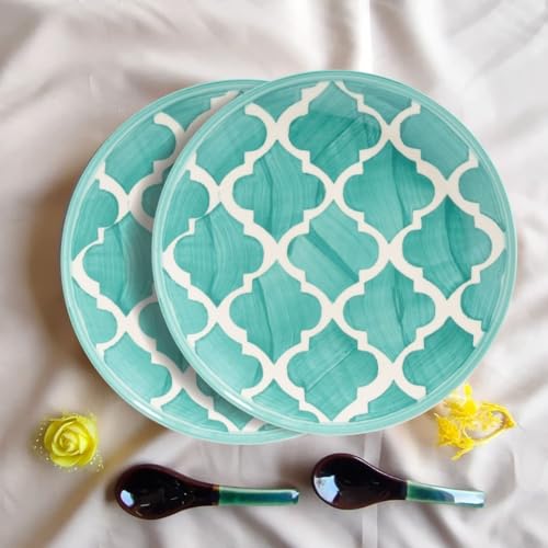 Image of Extra Strong Quarter Serving Ceramic 7.28 Inch Plates, Moroccan Decorative Dinnerware Side Thali for Snacks, Dessert, Small Meals, Salad & Gifting (Seafoam Green, Set of 2)