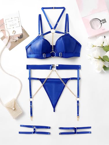 Image of Lilosy Sexy Pu Leather Strappy Underwire Garter Belt Lingerie Set
